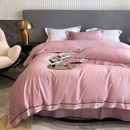 Bedding Sets 2024 Est Four-piece Simple Cotton Double Household Bed Sheet Quilt Cover Embroidered Comfortable Solid Pink Colour