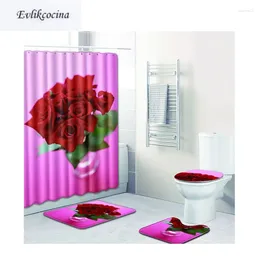 Bath Mats 4Pcs A Bouquet Rose Banyo Bathroom Set Anti-slip Tapete Banheiro Washable Toilette Rugs Alfombra Bano