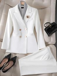 Women's Two Piece Pants White Red Black Ladies Pant Suit Formal Women Business Work Wear Solid V-Neck Blazer And Trouser 2 Set For Autumn