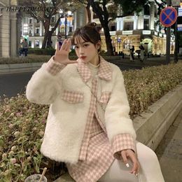 Work Dresses Female Short Skirt Suit Warm Sweet Two Piece Set Women Winter Casual Retro Patchwork Thick Lamb Wool Jacket Coat Temperament