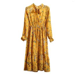 Casual Dresses Summer Floral Print Women Boho Dress Female Elegant Long Sleeve Vintage Chiffon Bow Tie Neck Office Lady Shirt 2024