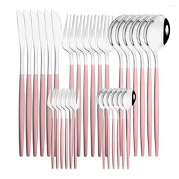 Dinnerware Sets 6Set/30Pcs Pink Silver Set Stainless Steel Knife Ckae Fork Spoon Cutlery Tableware Silverware Drop