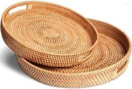 Tea Trays Hand-Woven Round Rattan Serving Tray With Handles Ottoman Wicker Platter For Breakfast Drinks Snack Bread Fruit Vegetables