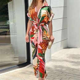 Casual Dresses Floral Print Lapel Shirt Dress Deep V Neck High Waist Single Breasted Short Sleeve Summer Elegant Maxi For Women