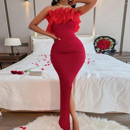 Casual Dresses Sexy Women Party Strapless Formal Spring Summer Ruffle Edge Elegant Temperament Red High Split Clothing