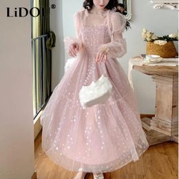 Casual Dresses Summer Sweet Sequins Mesh Dress Fairy Lantern Long Sleeve Temperament Maxi Vestido Female Clothes Women Waist Robe