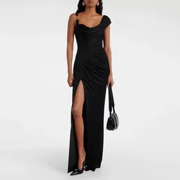 Casual Dresses Black Women's Small Dress Irregular Pleated Long Split Slim Suspenders High Quality Spring Summer 2024 Y2K