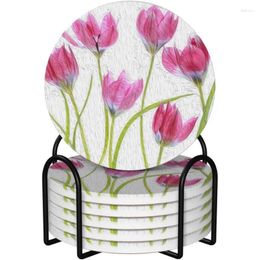 Table Mats Tulip Flowers Coasters For Drinks With Holder 6 Pack Absorbent Ceramic Absorb Stone Gift Home Kitchen Decor