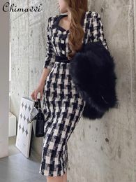 Casual Dresses Fashion Commuter Doll French Style Black And White Plaid Slim Dress Elegant Socialite Hip Female 2024 Spring Autumn