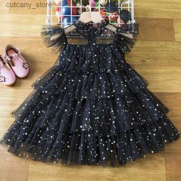 Girl's Dresses 2024 Summer Kids Dress for Girls 3-8 Yrs Girls Birthday Ruffs Sequin Black Tul Tutu Gowns Children Casual Mesh Layered Dress L240402