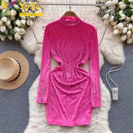 Casual Dresses Elegant Party Dress Studded With Diamonds Half High Neck Long Sleeve Elastic Slim Bodycon Formal Luxury Autumn 2024