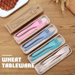 Dinnerware Sets 3pcs/set Cutlery Box Portable Japan Style Wheat Straw Knife Fork Spoon For Student Travel Kitchen Tableware