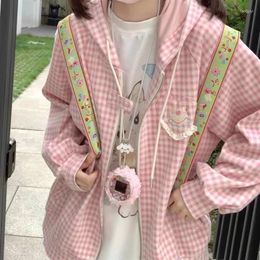 Women's Knits Harajuku Sweet Pink Plaid Sweatshirts 2024 Spring Hoodie Tops Mujer Y2k E-Girl Long Sleeve Zipper Cardigan Coat Women