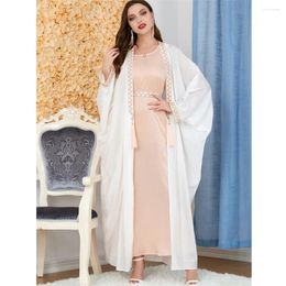 Ethnic Clothing Satin Muslim Women Open Abaya Bat Sleeve Maxi Dress 2 Piece Set Dubai Kimono Ramadan Islamic Kaftan Morocco Eid Jalabiya