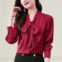 Women's Blouses Elegant Shirts For Women Bow Long Sleeve Real Silk Shirt Woman Tops Spring Summer Office Lady Work Wear Blouse