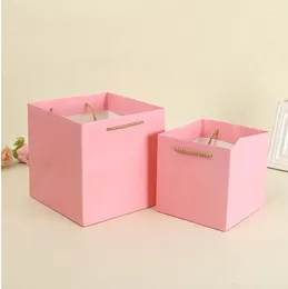 Gift Wrap 16x16x16cm 10pcs Large Square White Pink Kraft Paper Bag With Handle Cake Flower Packaging Wholesale