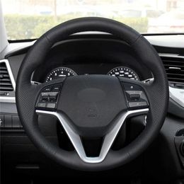 Steering Wheel Covers DIY Black Genuine Leather Comfortable Hand Sew Car Cover For Tucson 3 2024-2024 Accessories