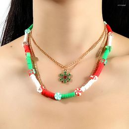 Pendant Necklaces Cute Christmas Necklace Multi-Layer Rice Beads Polymer Clay Beaded Santa Claus Snowflake Tree Charm Xmas Party Jewellery