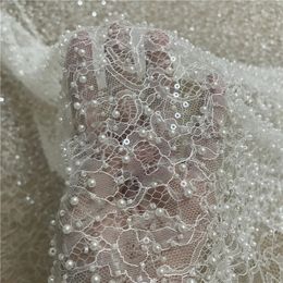 High Quliaty Heavy beads with pearls French Chantilly Embroidery Lace Fabric Wedding Dress Fabic Material 1 Yard 240417