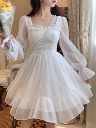 Casual Dresses HOUZHOU White Kawaii Dress Women Chiffon Lolita Style Long Sleeve Mini Bow Fairy Robe Ruffles Patchwork Square Collar