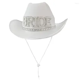 Berets Handmade Wedding Party Bride Cowgirl Hat Wide Brim Bridal For Rhinestone Western Shinning White Fedora Sunproof