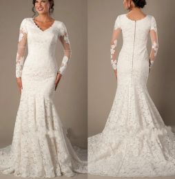 Dresses Vintage Champagne Lace Mermaid Modest Wedding Dresses With Long Sleeves V Neck Buttons Back Court Train Simple Outdoor Bridal Gown