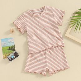 Clothing Sets Cute Casual Summer Baby Girls Outfits Striped Cotton Kids Clothes Short Sleeve Lettuce Trim Tops Shorts Set 2PCS Infant