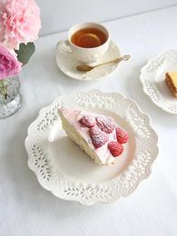 Plates French Hollow Out Relief Afternoon Tea Tableware Dessert Fruit Plate Household Western Ceramic White Snack