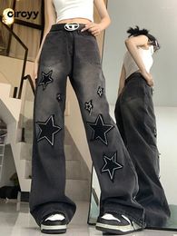 Women's Jeans Circyy Black Baggy Women Denim Pants Spliced Embroidery Y2k Print Street Wide Leg Fashion Straight Trousers