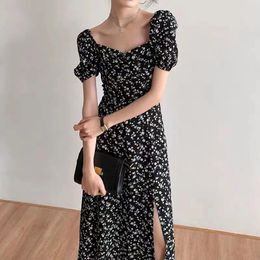 Casual Dresses French Sweetheart Floral Dress For Women Summer Trend A Line Black Square Neck Bubble Sleeve Long