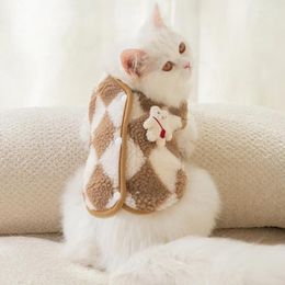 Cat Costumes Diamond-shaped Grid Autumn And Winter Kitten Warm Fleece Two-legged Vest Cardigan Medium Small Dog Pet Clothes