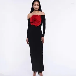 Casual Dresses Women's Sexy Black Decorative FlowerBreast Wrapping Dress Fashion Slim Fit Open Back Bottom Split Party Long