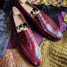 Casual Shoes In Red Loafers For Men Crocodile Pattern Breathable Slip-On Party Dress Handmade