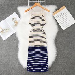 Casual Dresses Summer Women Sling Dress Ladies Fashion Slim-fit Backless Striped Urban Female Mid-calf Knitted