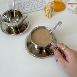 Cups Saucers Realme Minimalist Style 304 Stainless Steel Insulated Coffee Cup British Afternoon Tea Dish Spoon Household Water