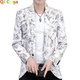 Gold Print Blazer Jacket Men Korean Trend Streetwear Mens Clothing Casual Suit Coat Male Slim Fit Blazer Masculino Black White 240329