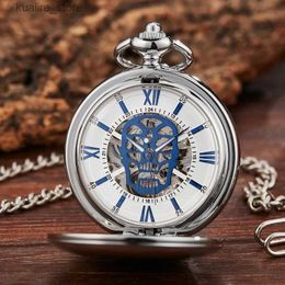 Pocket Watches Skull Fashion Smooth Mechanical Pocket Men Skeleton Steampuk Hand Wind Pendant Clock Chain With Arabic Numerals for Gift L240402