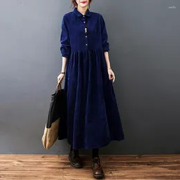 Casual Dresses Spring Autumn Corduroy Polo Neck Buttons Shirt Dress Women Vintage Loose Ankle-length Long A-line Black Blue Red