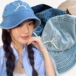 Berets Women Summer Bow Washed Cowboy Fisherman Cap Portable Wide Brim Sun Hats Korean Makeup-free Visors Adjustable Simple