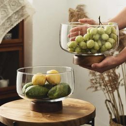 Bowls Creativity Large Glass Salad Bowl With Wood Holder Fruit Rice Serving Storage Container Home Decoration Tableware