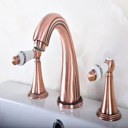 Bathroom Sink Faucets Antique Red Copper Brass Deck Mounted Dual Handles Widespread 3 Holes Basin Faucet Mixer Water Taps Mrg078