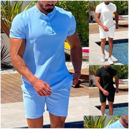 Men'S Tracksuits Mens Short Sleeved Shorts Two Piece Sports Casual Solid Colour Cotton Linen Set Drop Delivery Apparel Clothing Dhkru
