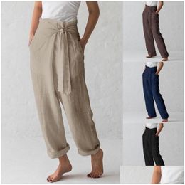 Women'S Pants & Capris Womens Casual Cotton Linen Women High Waist Wide Leg Spring Summer Office Band Loose Palazzo Trousers Female D Dhlhb