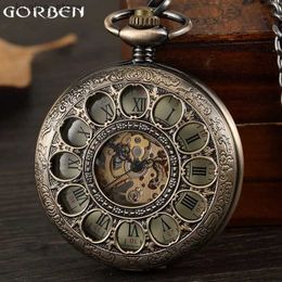 Pocket Watches Retro Bronze Steampunk Men Mechanical Hand-wind Pocket Hollow Roman Dial Skeleton Clock FOB Waist Chain Pocket Gift L240402