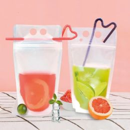 USA Stock Clear Drink Pouches Bags frosted Zipper Stand up Plastic Drinking Bag with straw with holder Reclosable Heat Proof FY4061 ZZ