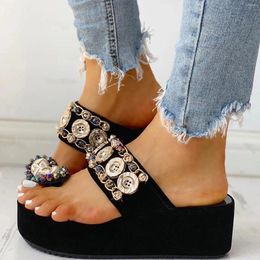 Slippers Flip Toe Ring Flops Beading Bottom Button Women's Platform Shoes Thick Sandals