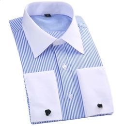 M~6XL Mens French Cuff Dress Shirt White Long Sleeve Formal Business Buttons Male Shirts Regular Fit Cufflinks Shirt 240329