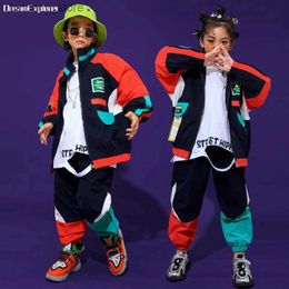 Trousers Boys Hip Hop Contrast Jacket Street Dance Loose Pants Girls Patchwork Coat Joggers Child Jazz Sport Clothes Sets Kids Streetwear L46