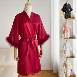 Home Clothing Bride Robe Feather Trim Silk Satin Bathrobe Bridal Robes Gown Bridesmaid Gifts Women Night Dress With Belt Nightgowns 2024