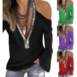 Womens T-Shirt Sexy Sequins V Neck Cold Shoulder Long Sleeve Women Solid Colour Top Plus Size Decor Womens